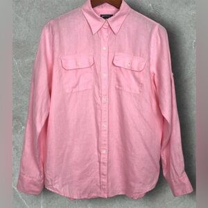 America Living Women’s XL Long Sleeve Pink Button Up 100% Linen Blouse